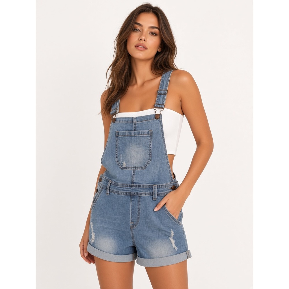 Encore Womens Distressed Denim Shortalls Light Wash Blue Overalls Size 11 Grunge